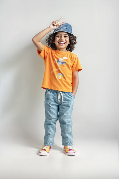 Boys Orange Cotton Printed T-shirt