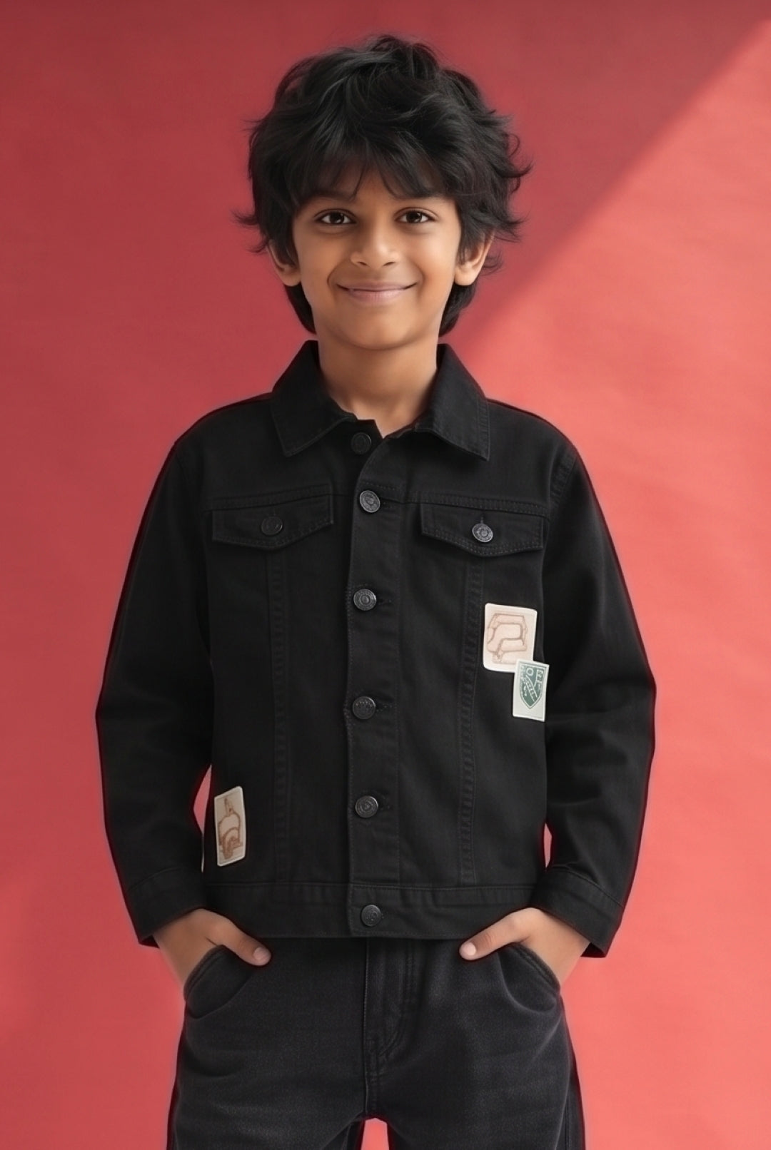 Boys & Girls Black Denim Jacket With Patches