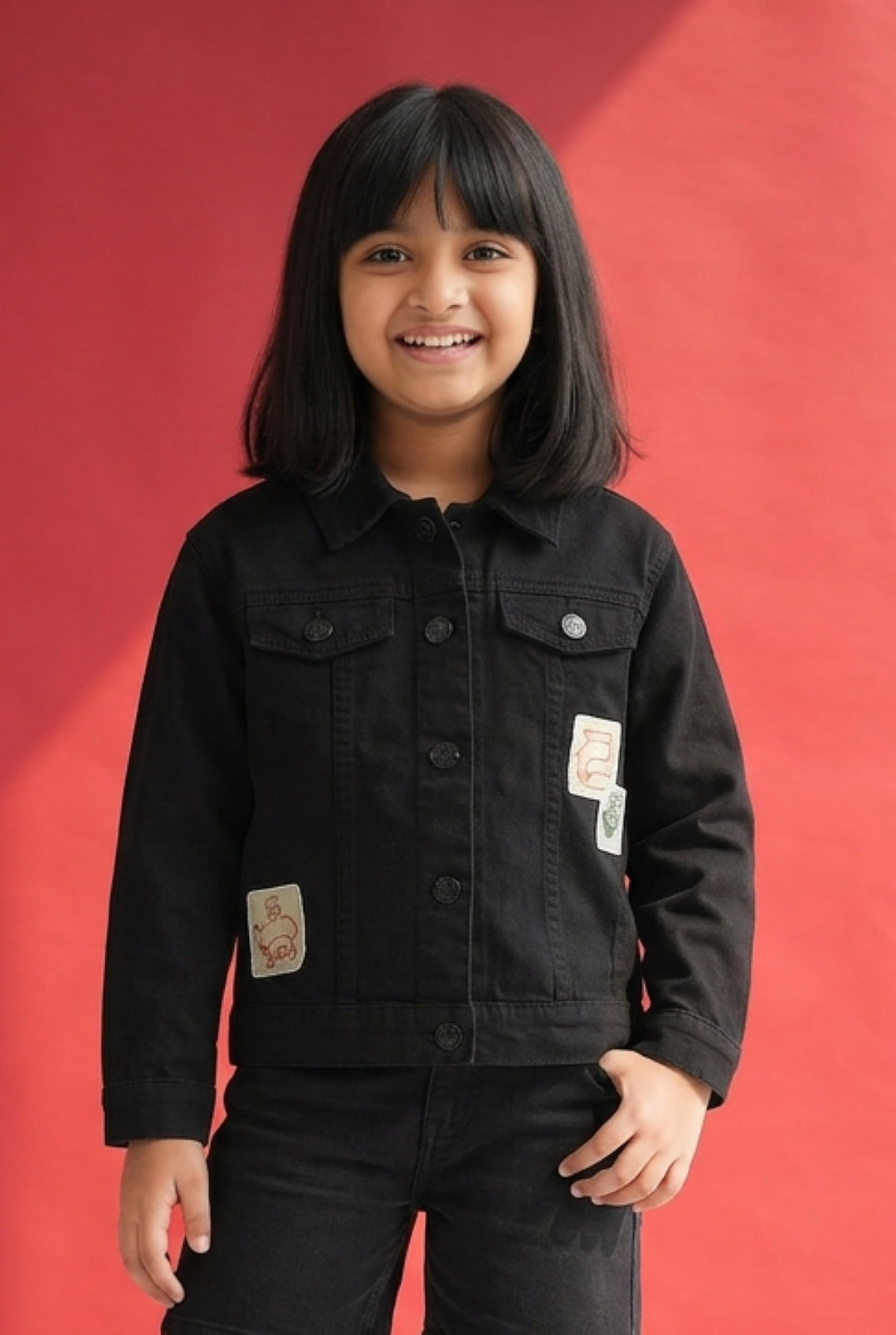 Boys & Girls Black Denim Jacket With Patches