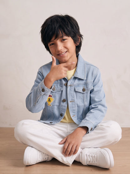 Boys & Girls Unisex Light Blue Denim Badge Regular Fit Jacket