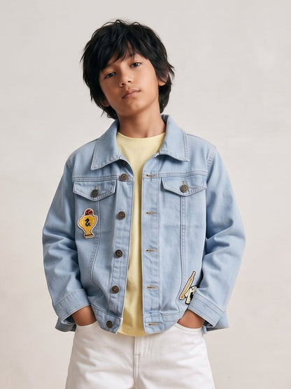 Boys & Girls Unisex Light Blue Denim Badge Regular Fit Jacket