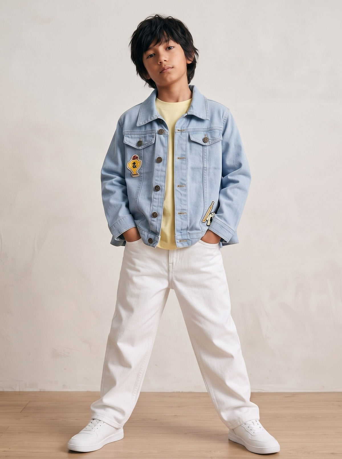 Boys & Girls Unisex Light Blue Denim Badge Regular Fit Jacket