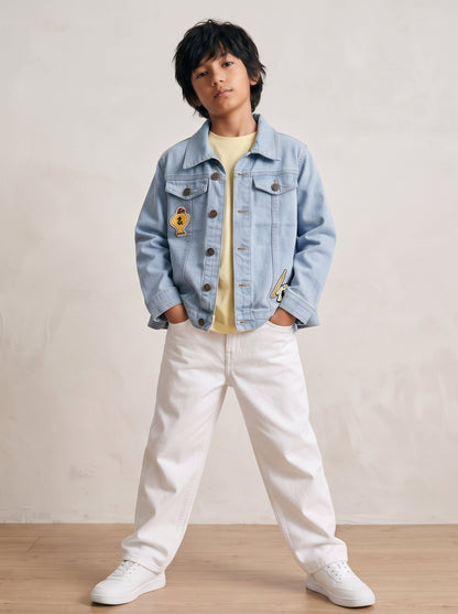 Boys & Girls Unisex Light Blue Denim Badge Regular Fit Jacket