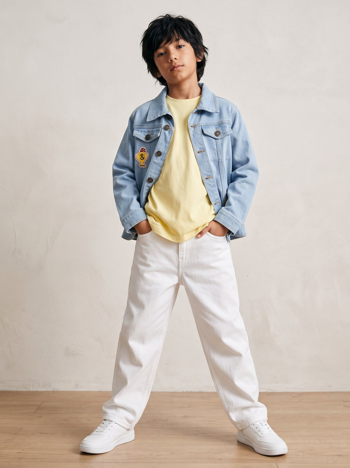 Boys & Girls Unisex Light Blue Denim Badge Regular Fit Jacket