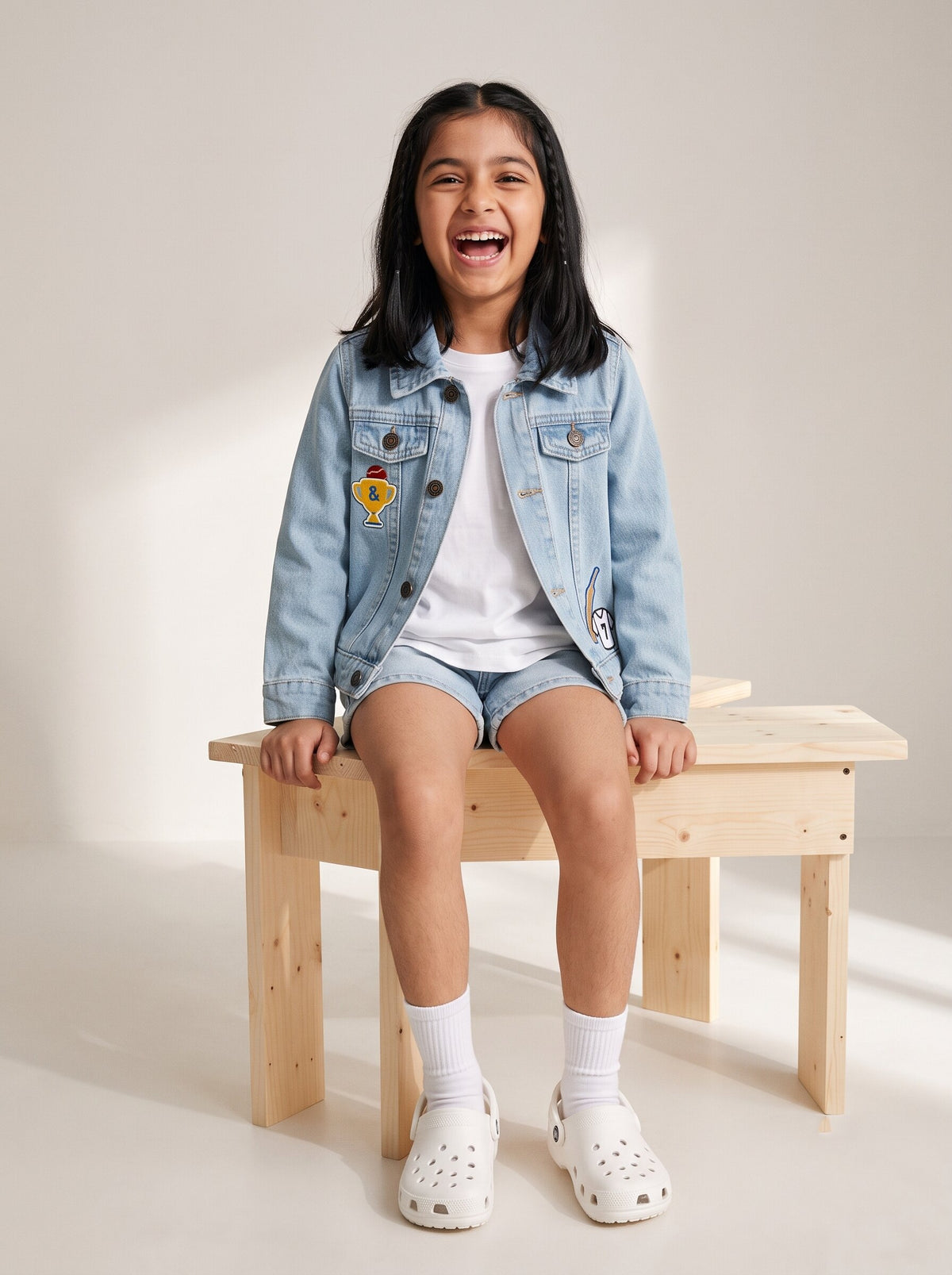 Boys & Girls Unisex Light Blue Denim Badge Regular Fit Jacket