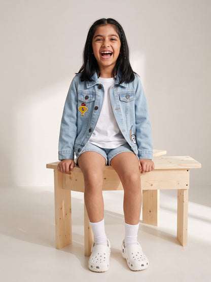 Boys & Girls Unisex Light Blue Denim Badge Regular Fit Jacket