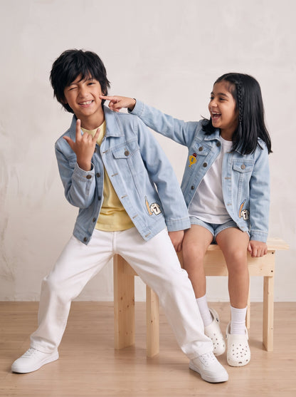 Boys & Girls Unisex Light Blue Denim Badge Regular Fit Jacket