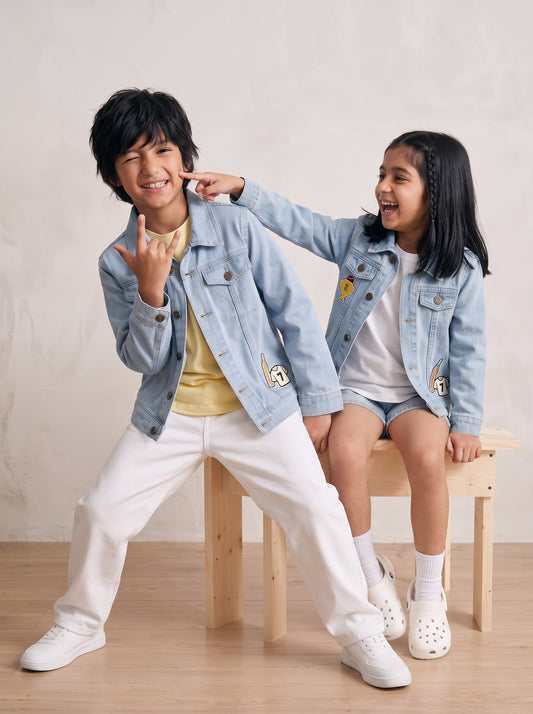 Boys & Girls Unisex Light Blue Denim Badge Regular Fit Jacket