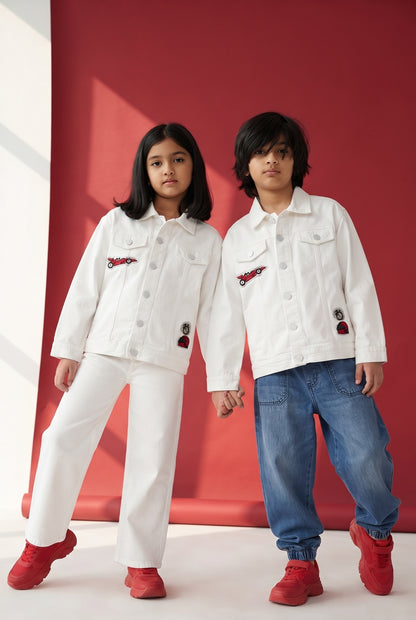 Boys & Girls White Denim Jacket with Racing Badge Patches