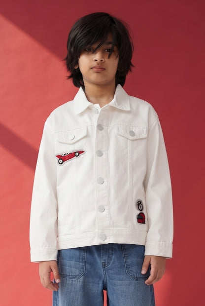 Boys & Girls White Denim Jacket with Racing Badge Patches