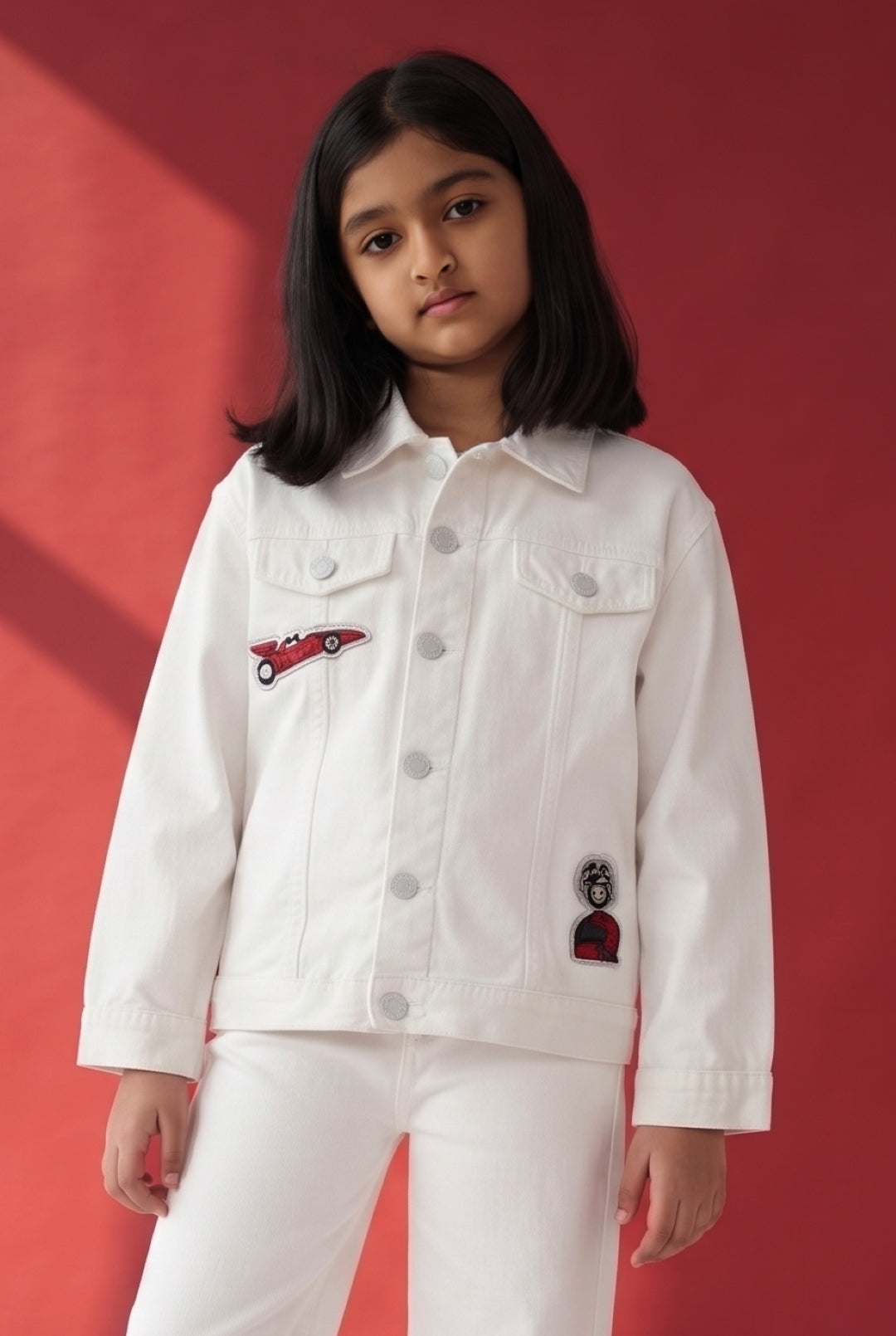 Boys & Girls White Denim Jacket with Racing Badge Patches