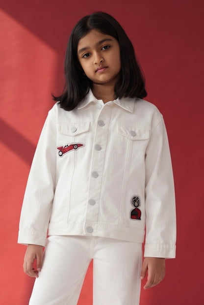 Boys & Girls White Denim Jacket with Racing Badge Patches