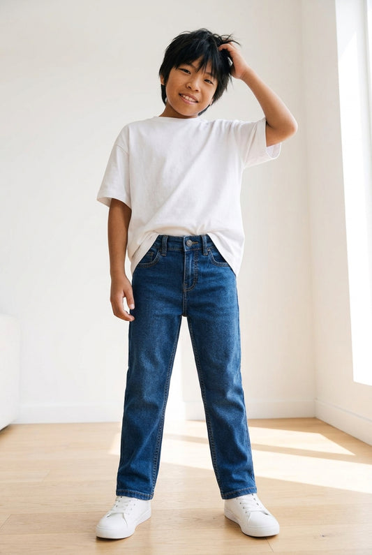 Boys Lycra Denim Washed Blue Straight Fit Jeans