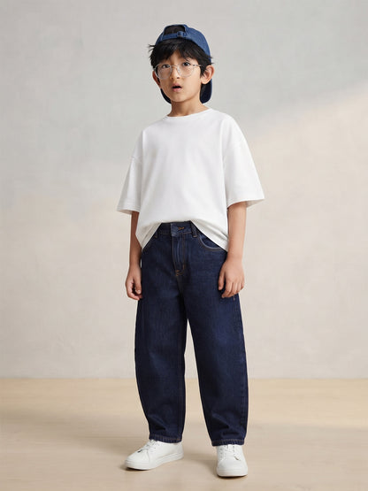 Boys Cotton Cream Shirt With Blue Denim Washed Regular Fit Jeans