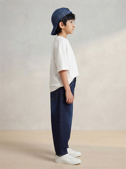 Boys Blue Washed Cotton Denim Barrel Fit Jeans