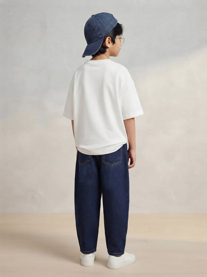 Boys Blue Washed Cotton Denim Barrel Fit Jeans