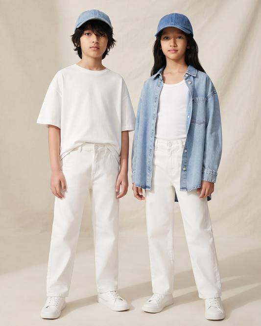 Boys & Girls Unisex White Stretchable Baggy Fit Denim Jeans