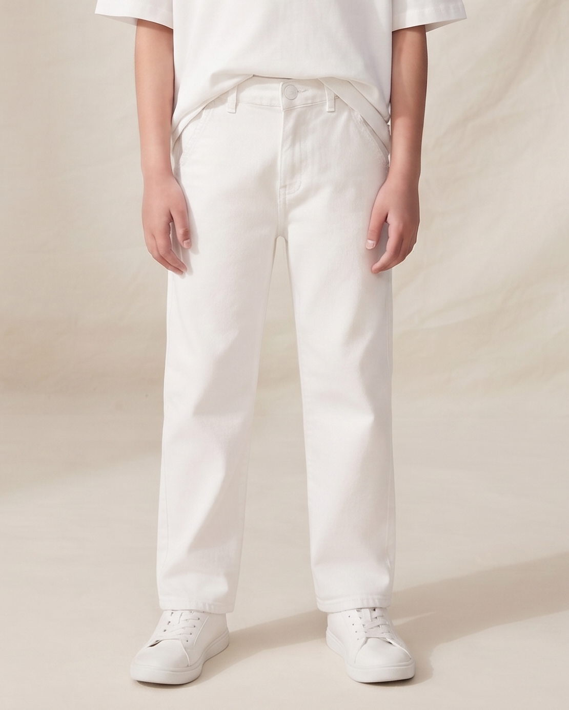 Boys & Girls Unisex White Stretchable Baggy Fit Denim Jeans