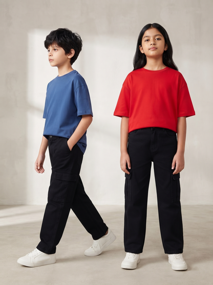 Boys & Girls Unisex Black Stretchable Baggy Fit Denim Cargo Jeans