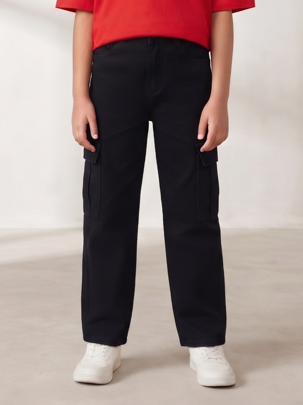 Boys & Girls Unisex Black Stretchable Baggy Fit Denim Cargo Jeans
