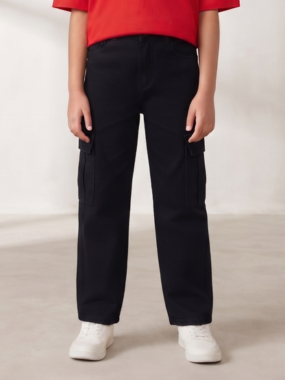Boys & Girls Unisex Black Stretchable Baggy Fit Denim Cargo Jeans