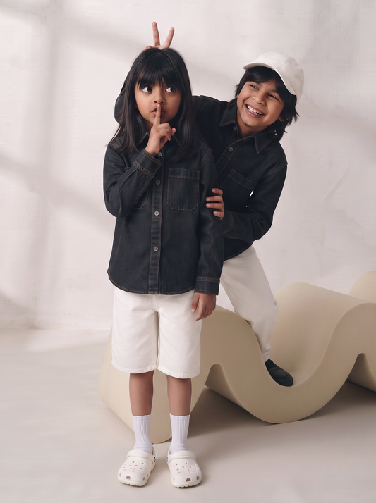 Boys & Girls Unisex Black Cotton Denim Shacket with Dual Pockets