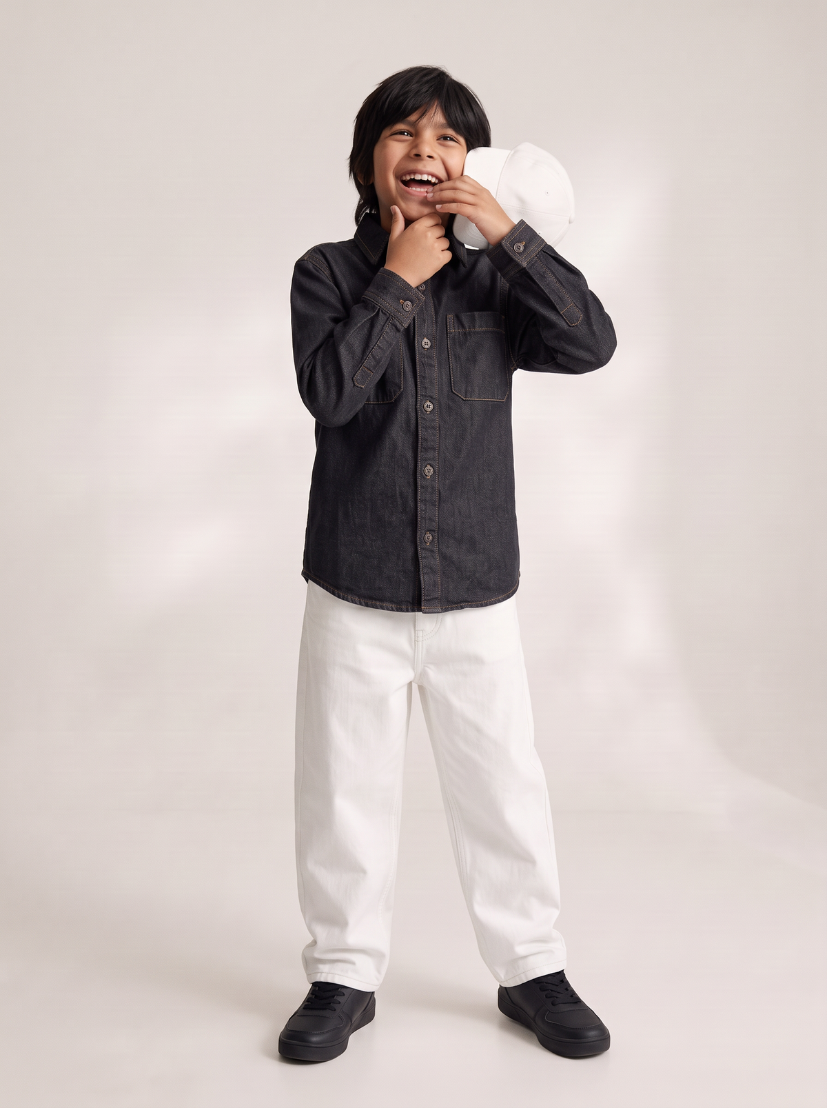 Boys & Girls Unisex Black Cotton Denim Shacket with Dual Pockets
