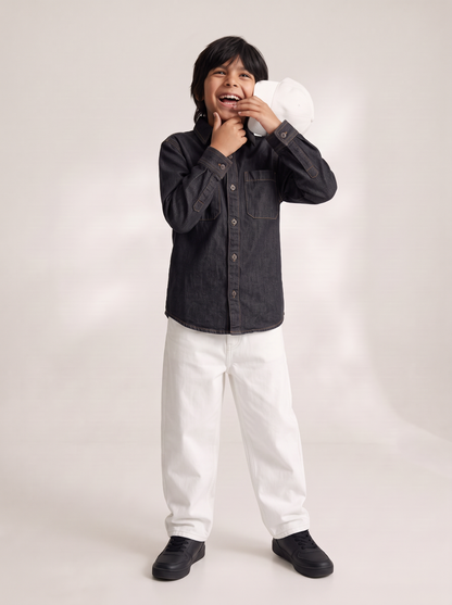 Boys & Girls Unisex Black Cotton Denim Shacket with Dual Pockets