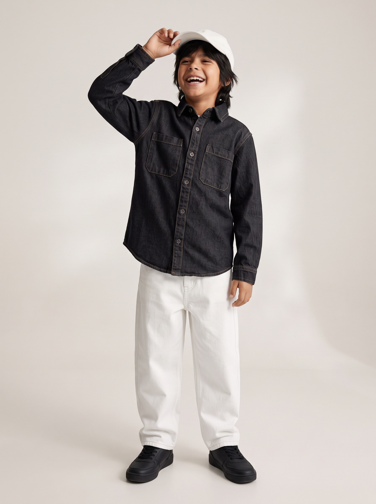 Boys & Girls Unisex Black Cotton Denim Shacket with Dual Pockets