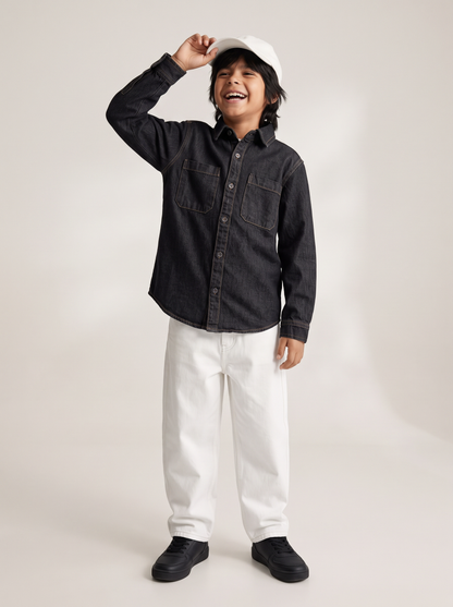 Boys & Girls Unisex Black Cotton Denim Shacket with Dual Pockets