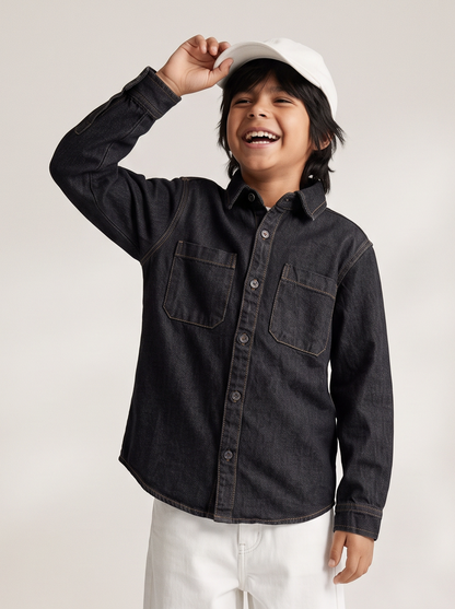Boys & Girls Unisex Black Cotton Denim Shacket with Dual Pockets