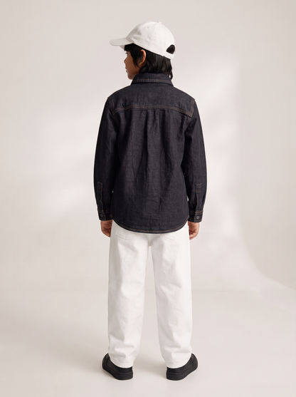 Boys & Girls Unisex Black Cotton Denim Shacket with Dual Pockets