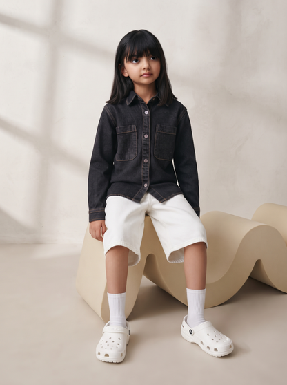 Boys & Girls Unisex Black Cotton Denim Shacket with Dual Pockets