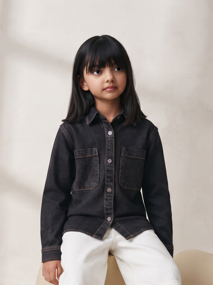 Boys & Girls Unisex Black Cotton Denim Shacket with Dual Pockets