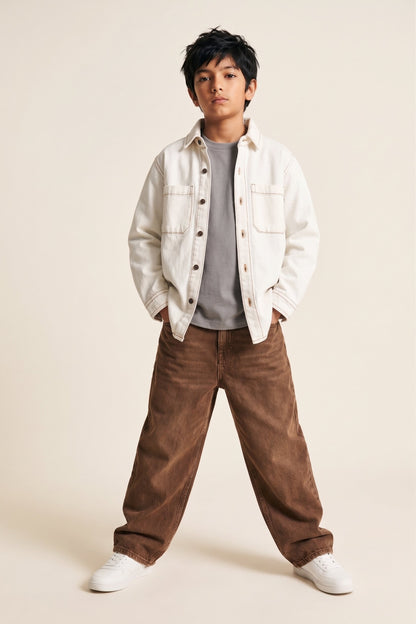 Boys & Girls Unisex White Cotton Washed Full Sleeve Shacket