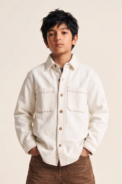 Boys & Girls Unisex White Cotton Washed Full Sleeve Shacket