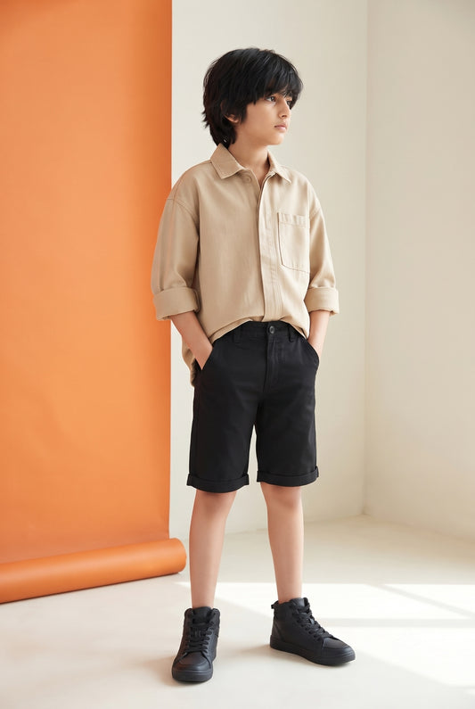 Boys Black Cotton Solid Bermuda Shorts