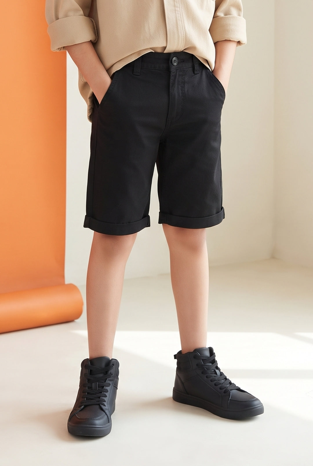 Boys Black Cotton Solid Bermuda Shorts