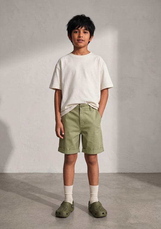 Boys Olive Cotton Twill Regular Fit Bermuda Shorts
