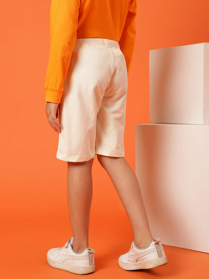 Boys White Cotton Printed Bermuda