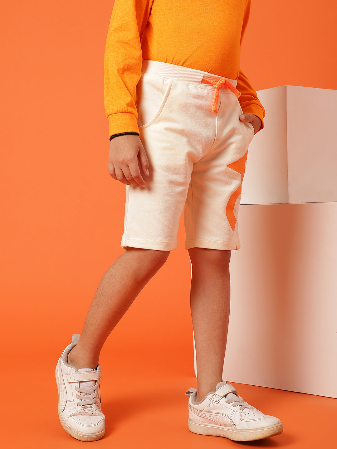 Boys White Cotton Printed Bermuda