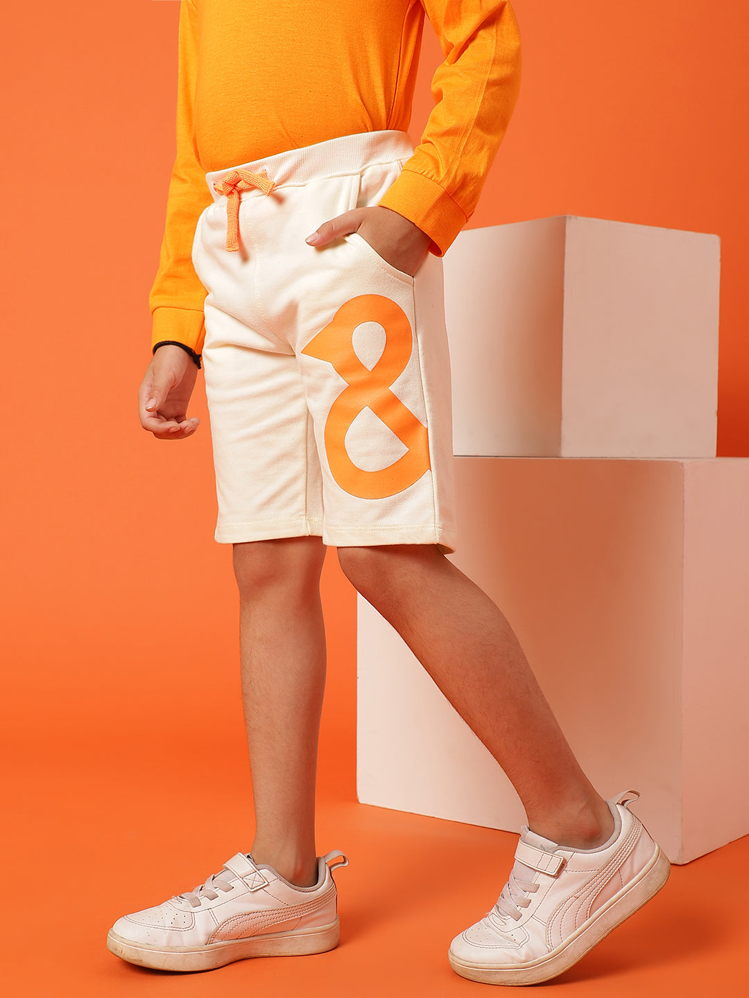 Boys White Cotton Printed Bermuda