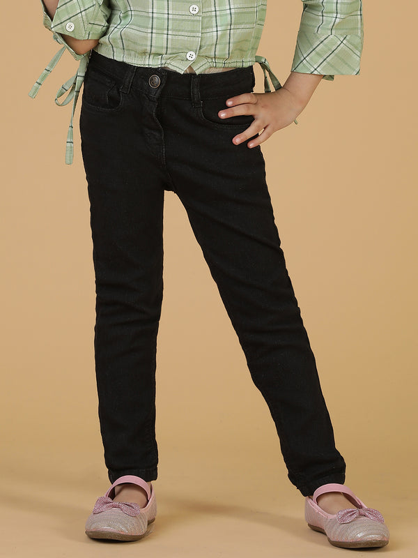 Girls Black Slim Fit Cotton Jeans