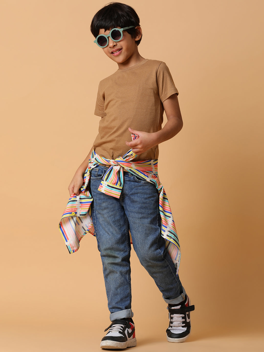Boys Brown Solid Cotton T-shirt
