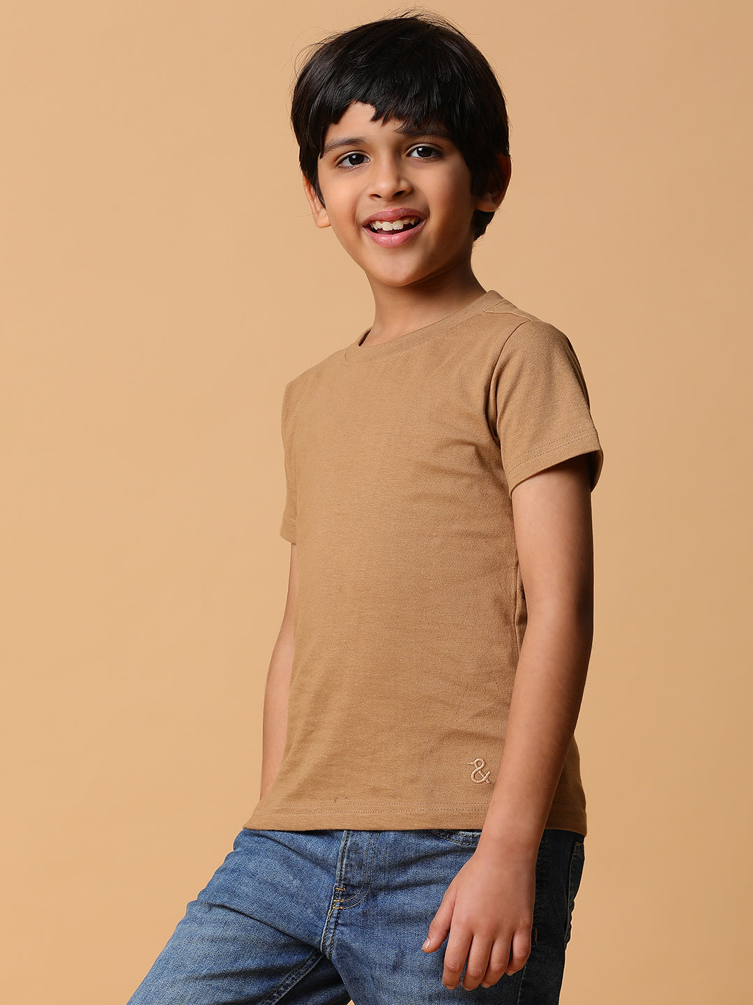 Boys Brown Solid Cotton T-shirt