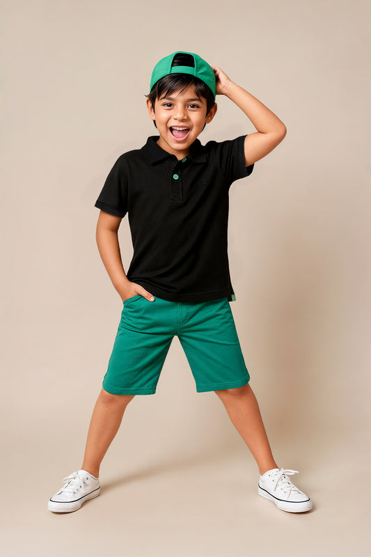 Boys Black Cotton Solid Polo T-shirt