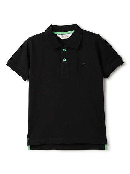 Boys Black Cotton Solid Polo T-shirt