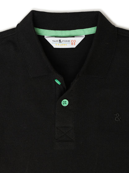 Boys Black Cotton Solid Polo T-shirt