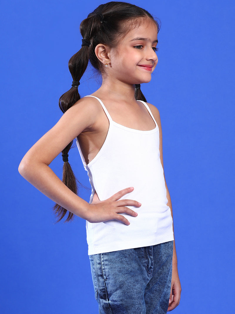 Girls White Lycra Regular Fit Spaghetti Sleeve Solid Camisole