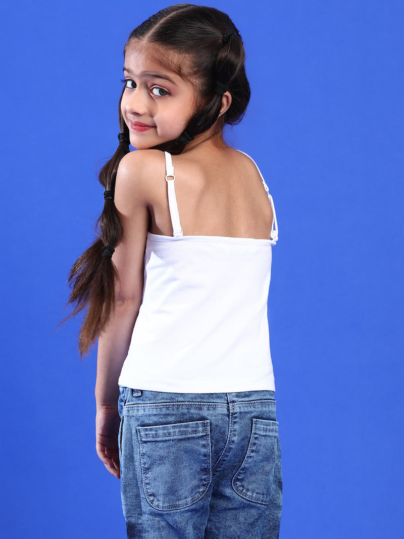 Girls White Lycra Regular Fit Spaghetti Sleeve Solid Camisole